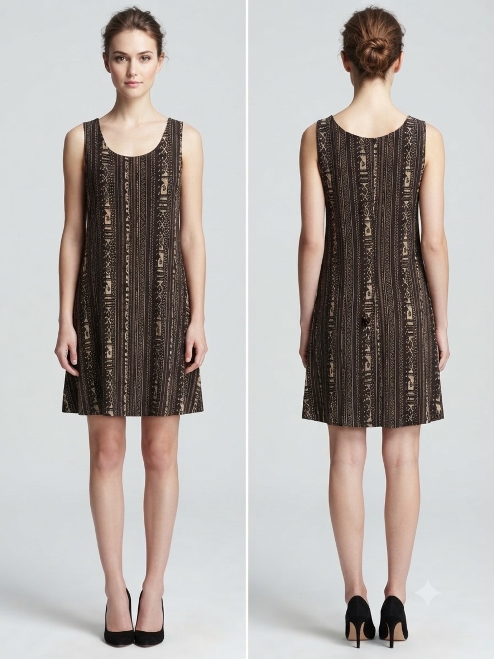 Sleeveless Black and Brown Patterned Shift Dress